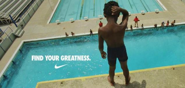 Nike #findyourgreatness campaign image of little boy standing on a diving platform